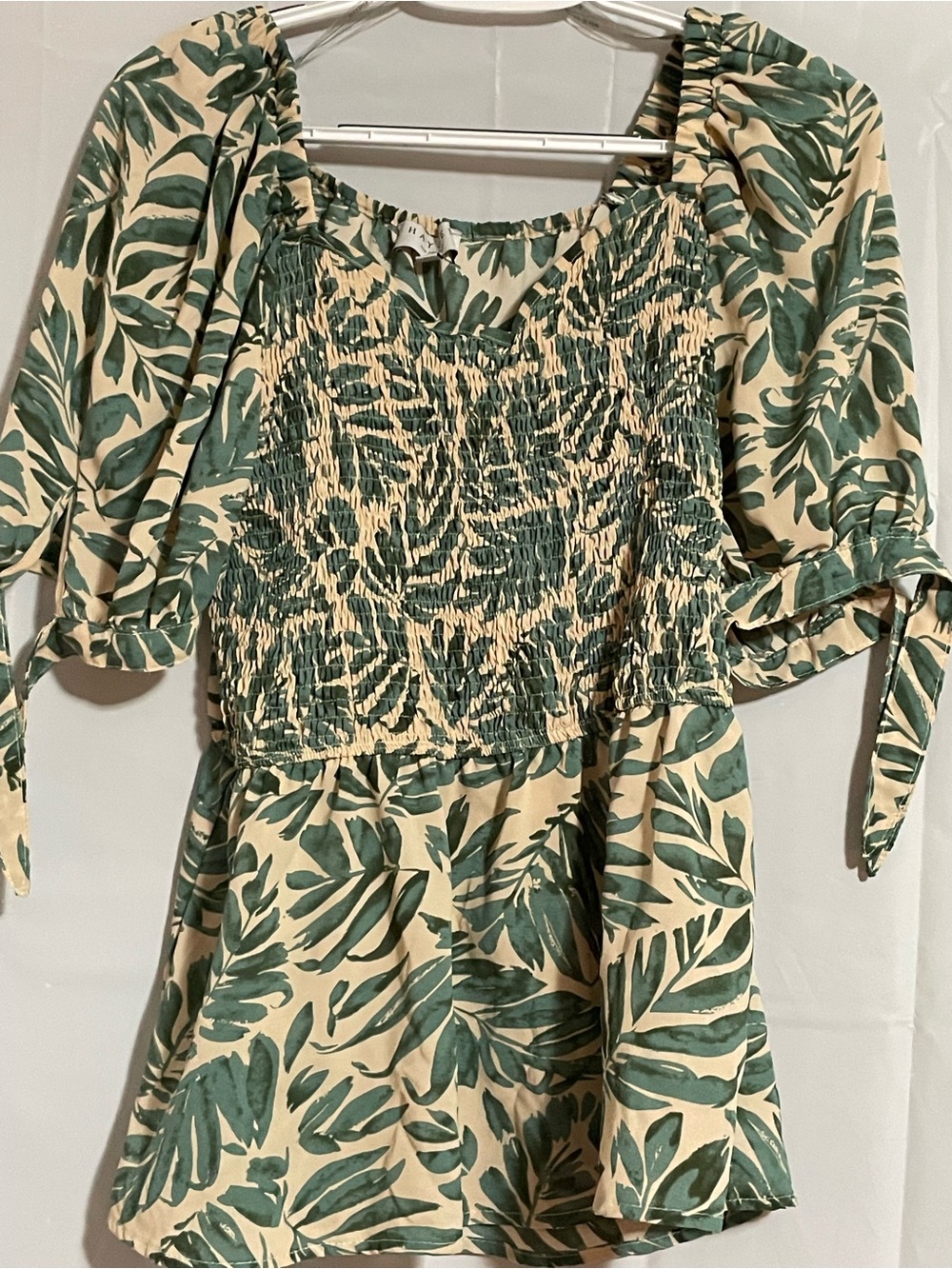 Hayden Cream and Green Leaf-Print Smocked Blouse